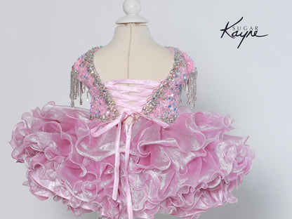 Sugar Kayne C203 Short Girls Cupcake Velvet Sequin Pageant Dress Crystal Fringe Tassel Cap Sleeve corset back  Sizes: 0M, 6M, 12M, 18M, 24M, 2T, 3T, 4T, 5T, 6T  Colors: Cotton Candy, Powder Blue, Unicorn