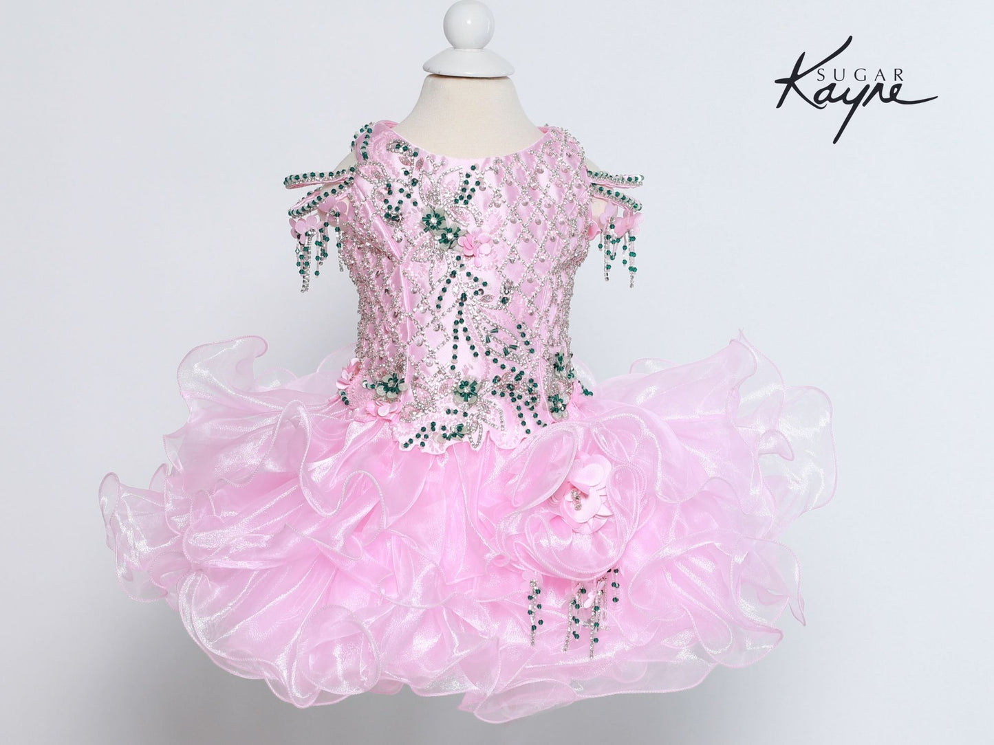 Sugar Kayne C205 Short Ruffle Girls Cupcake Pageant Dress Off the shoulder beaded fringe  Sizes: 0M, 6M, 12M, 18M, 24M, 2T, 3T, 4T, 5T, 6T  Colors: Petal Pink, Emerald, White