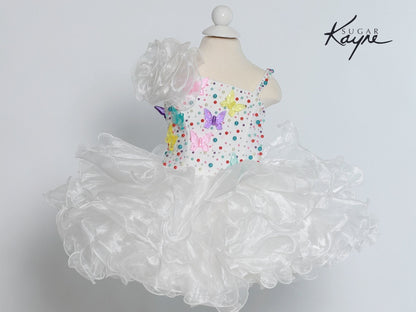 Sugar Kayne C209 Short Cupcake Ruffle One Shoulder Girls Pageant Dress Butterflies Great for any age! Corset Back  Sizes: 0M, 6M, 12M, 18M, 24M, 2T, 3T, 4T, 5T, 6T  Colors: White/Multi, Yellow/Multi, Aqua/Multi