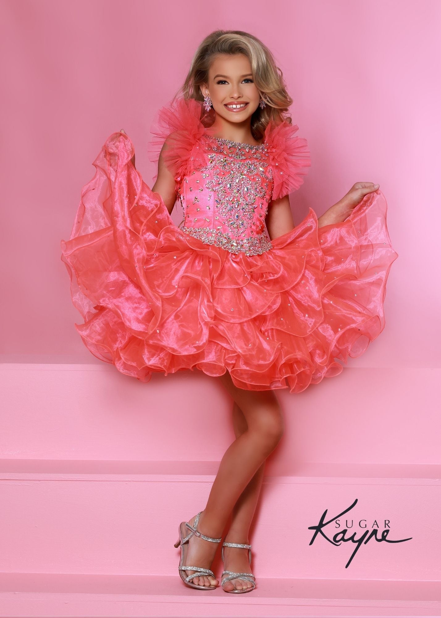 Sugar Kayne C211 Short Ruffle Cupcake Pageant Dress Crystal High Neck Girls Gown  Sizes: 0M, 6M, 12M, 18M, 24M, 2T, 3T, 4T, 5T, 6T  Colors: Hot Coral White