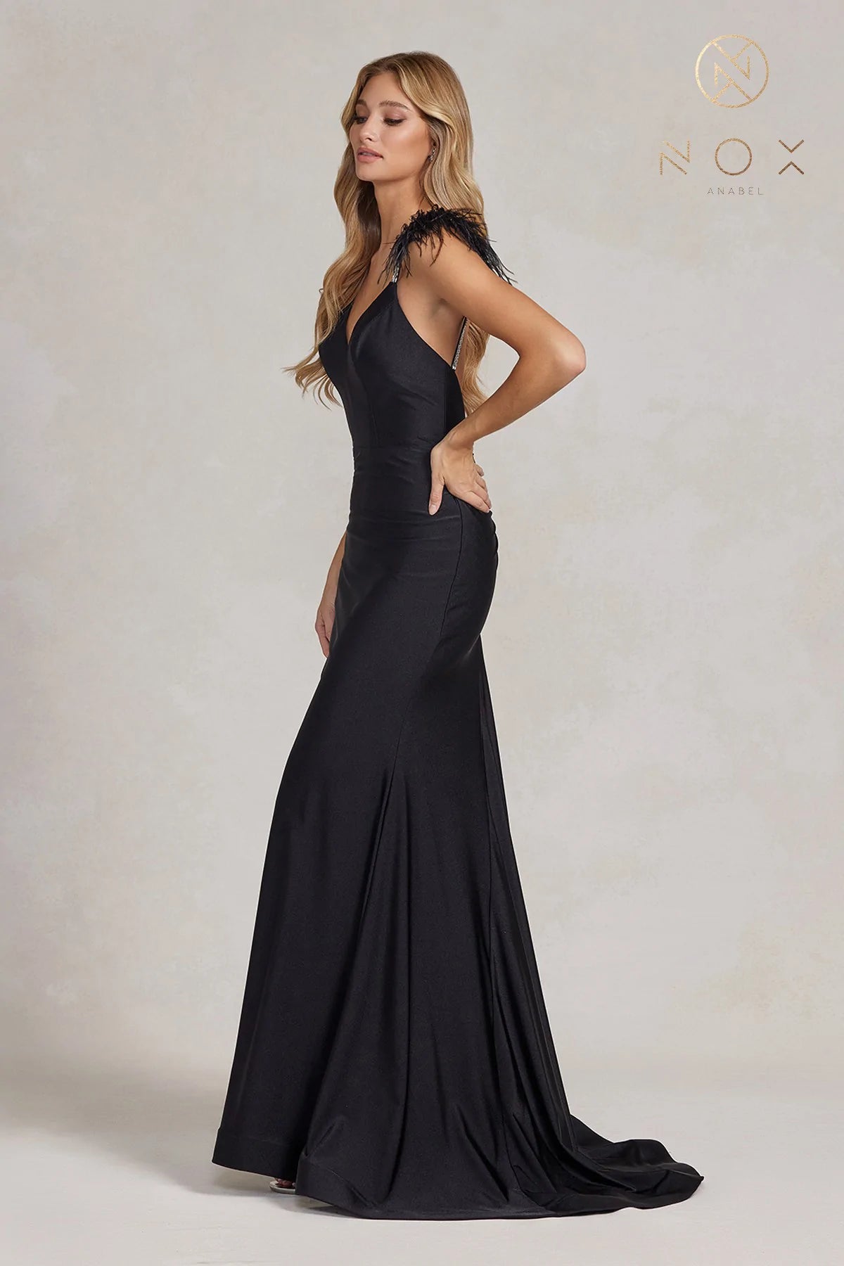 Nox Anabel T1138 Long Fitted Jersey Feather Prom Dress Ruched V Neck Formal Gown  Sizes: 00-16  Colors: Black, Neon Orange, Red
