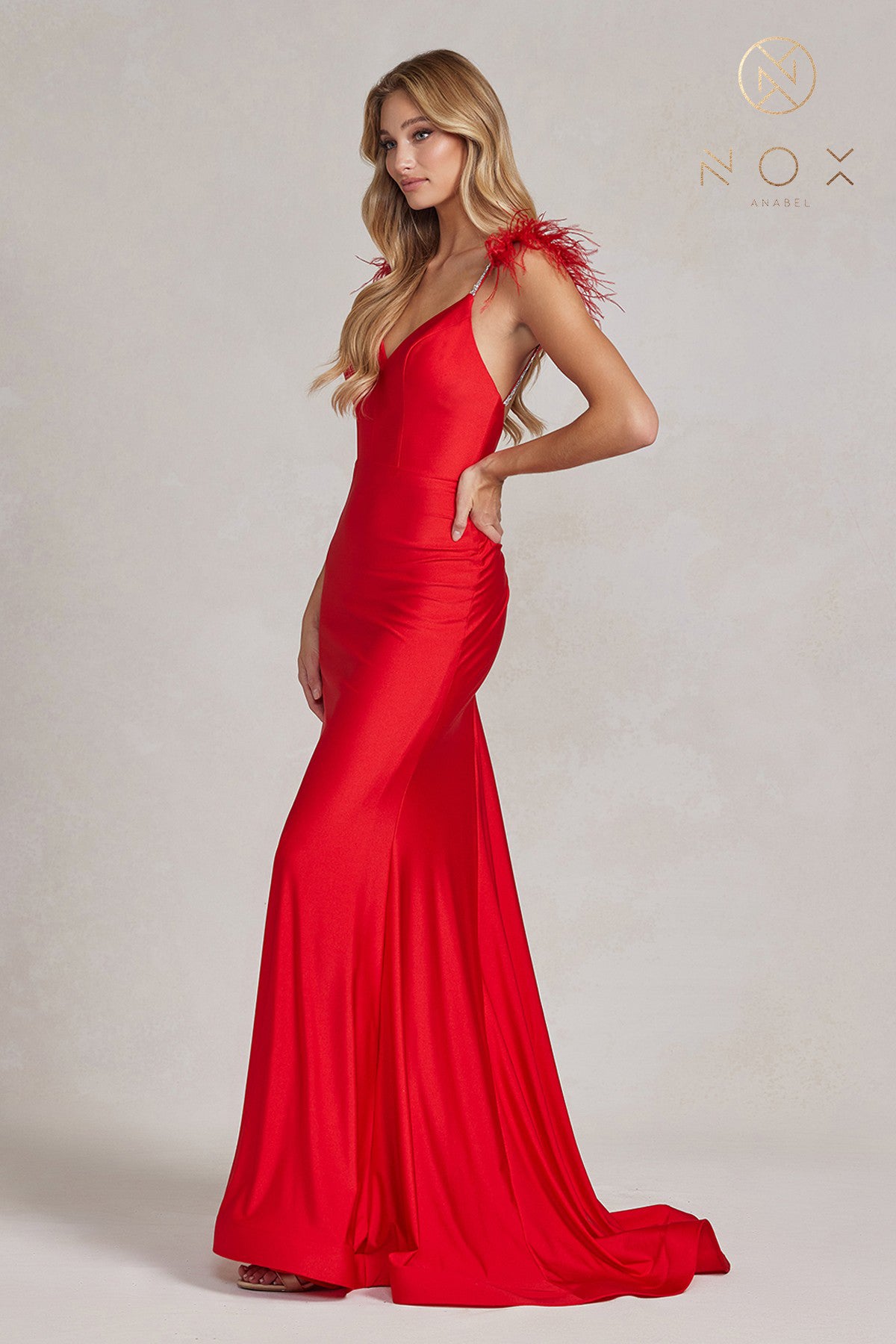 Nox Anabel T1138 Long Fitted Jersey Feather Prom Dress Ruched V Neck Formal Gown  Sizes: 00-16  Colors: Black, Neon Orange, Red