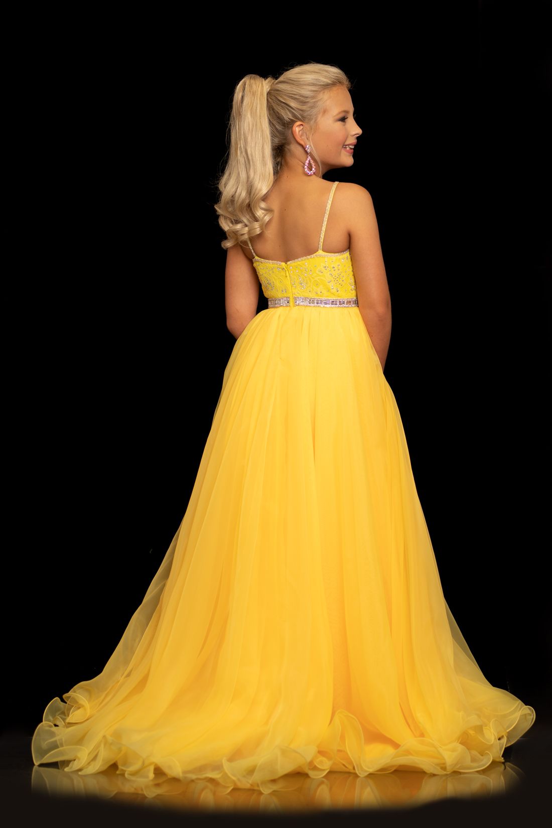 Sugar Kayne C117 Size 6 Yellow girls pageant dress overskirt column lace organza