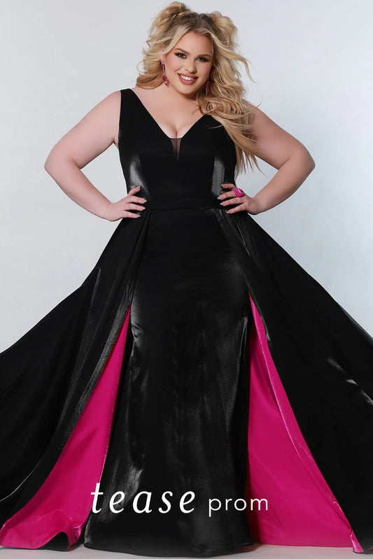 Sydneys Closet TE2204 Size 16 Long Satin Prom Dress Overskirt Formal Fitted Gown Fitted silhouette, V Neckline with mesh, Satin belt, Attached overskirt Bra friendly straps, Pockets, Center back zipper, Soft satin fabric, Fully lined  Available Size: 16  Available Color: Black/Fuchsia