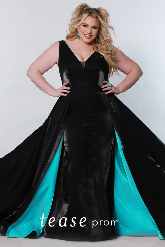 Sydneys Closet TE2204 Size 16 Long Satin Prom Dress Overskirt Formal Fitted Gown Fitted silhouette, V Neckline with mesh, Satin belt, Attached overskirt Bra friendly straps, Pockets, Center back zipper, Soft satin fabric, Fully lined  Available Size: 16  Available Color: Black/Fuchsia