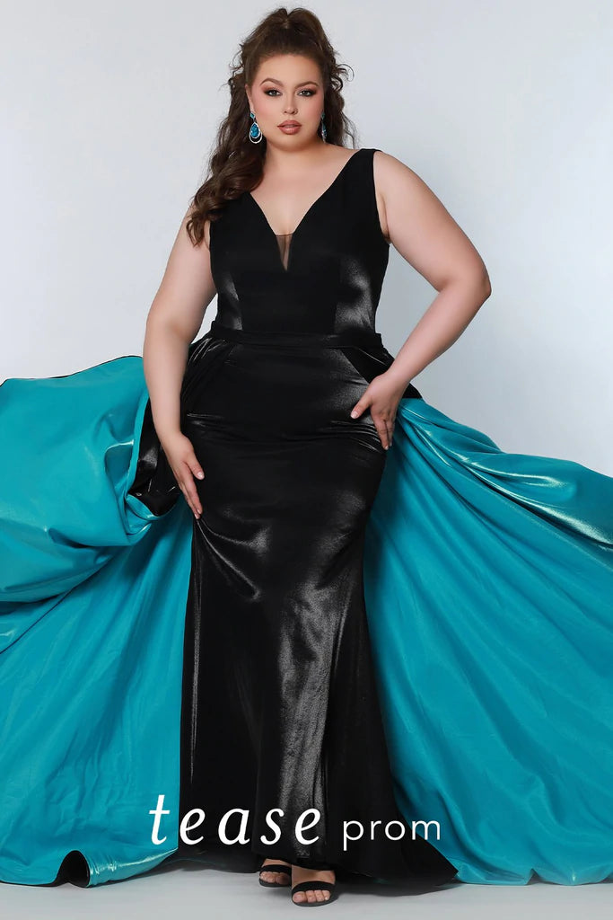 Sydneys Closet TE2204 Size 16 Long Satin Prom Dress Overskirt Formal Fitted Gown Fitted silhouette, V Neckline with mesh, Satin belt, Attached overskirt Bra friendly straps, Pockets, Center back zipper, Soft satin fabric, Fully lined  Available Size: 16  Available Color: Black/Fuchsia