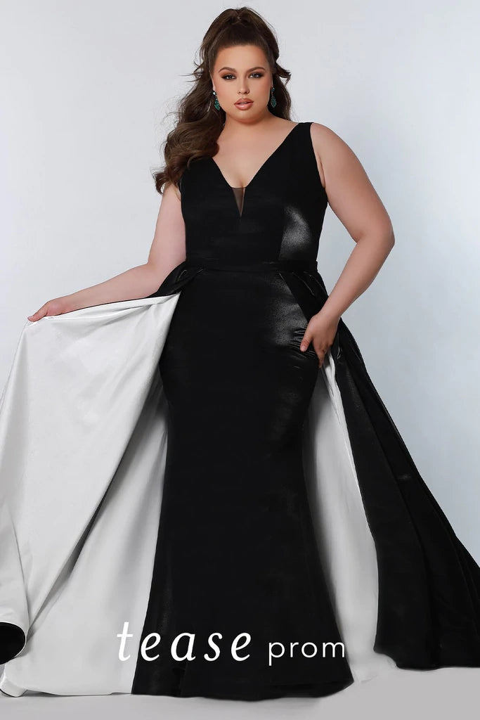 Sydneys Closet TE2204 Size 16 Long Satin Prom Dress Overskirt Formal Fitted Gown Fitted silhouette, V Neckline with mesh, Satin belt, Attached overskirt Bra friendly straps, Pockets, Center back zipper, Soft satin fabric, Fully lined  Available Size: 16  Available Color: Black/Fuchsia