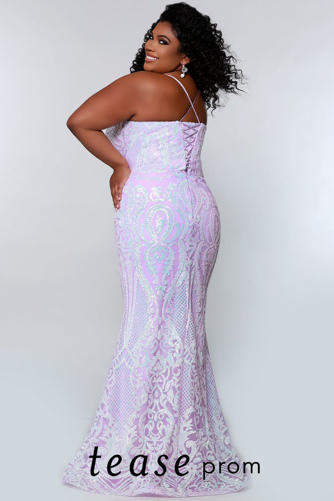 Tease Prom TE2205 Long Fitted Sequin Plus Size Prom Dress Formal Gown Corset  Colors: Flamingo, Lavender Size Availability: 14-24 Fitted & flare silhouette V-neckline, nude mesh insert Natural waistline Lace-up back with modesty panel  ¼ inch straps that go into the lace-up back for easy adjustment Multi-dimensional sequins on net Satin lace up ties 5 inch sweep train Horsehair hem Stretch knit lining