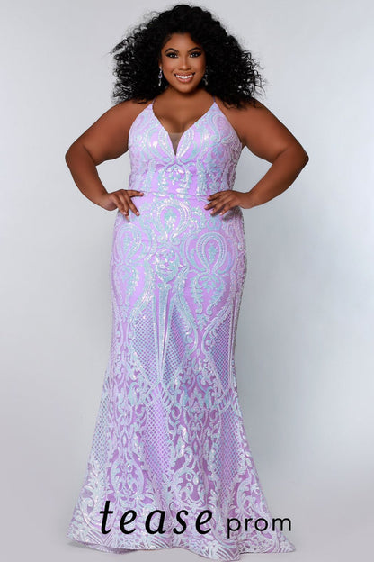 Tease Prom TE2205 Long Fitted Sequin Plus Size Prom Dress Formal Gown Corset  Colors: Flamingo, Lavender Size Availability: 14-24 Fitted & flare silhouette V-neckline, nude mesh insert Natural waistline Lace-up back with modesty panel  ¼ inch straps that go into the lace-up back for easy adjustment Multi-dimensional sequins on net Satin lace up ties 5 inch sweep train Horsehair hem Stretch knit lining