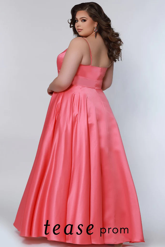 Sydney's Closet TE2209 Long A Line Plus size Satin Prom Dress Slit Skirt Pockets Formal Gown  Colors: Coral, Lilac, Mint, Sky Size Availability: 14-32 A-line silhouette Pockets Deep V-neckline Mesh insert to match satin 4.5 inch mesh insert Spaghetti straps  Slit starts at 17 inches from waist Center back zipper Fully lined