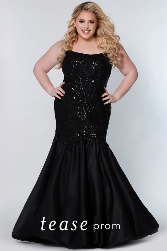 Tease Prom TE2212 Long Fitted sequin Plus size mermaid prom Dress Formal Gown  Hello to the bombshell in Black. A fitted mermaid is such an elegant choice to show off your curves at prom. Sequins and appliques dazzle all over the scoop neckline, straps and bodice. Transition into a bold skirt seen on the runways of New York Fashion Week, a satin balloon skirt with bubble hem. Make your night a chic one with this elevated statement dress. Color: Black Size availability: 14-24