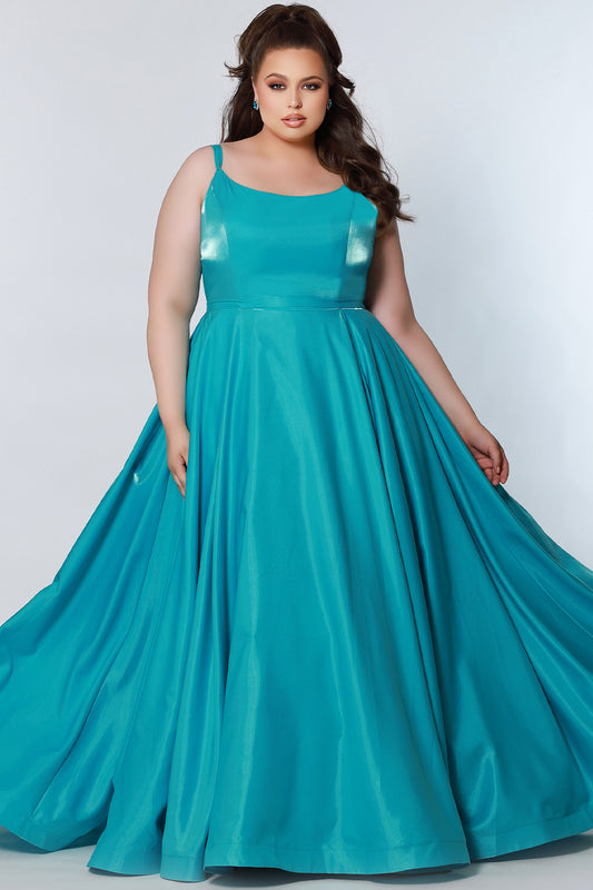 Tease Prom TE2226 Sydneys Closet Plus size prom dress Modest A Line Formal Dress  Colors: Aqua, Berry, Black, Forest Size availability: 14-32 A-line silhouette Scoop neckline ½ inch straps become double straps into lace up ties Lace-up back with modesty panel Attached self belt Box pleats Pockets 2 inch horsehair hem Fully lined