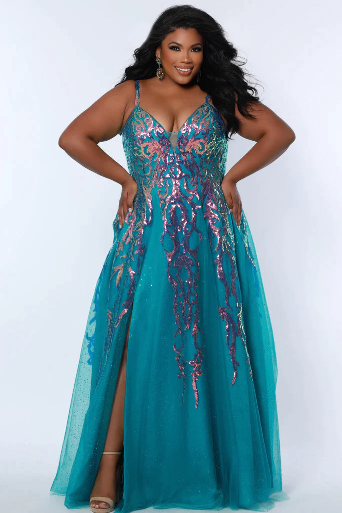 Sydney's Closet Tease Prom TE2302 Long Sequin Shimmer A Line Prom Dress Plus Size Slit Gown  Colors: Jade, Magenta, Sky Size: 14-32 A-line silhouette Sequin appliques on net over glitter tulle V-neckline Tone-on-tone glitter mesh net Straps = ½ inch covered in appliques Center back zipper Slim A-line skirt Slit starts at 16 inches down from the waist seam  Satin lining