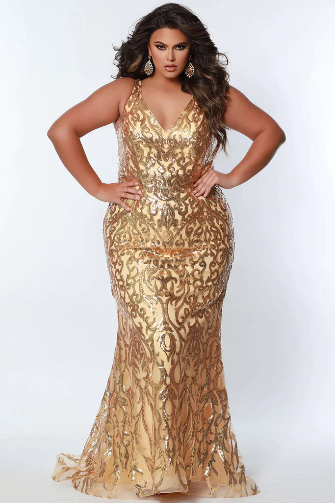 Sydney's Closet TE2303 Long Fitted Sequin Lace Plus Size Prom Dress V Neck Formal Gown  Colors: Bluejay, Gold, Magenta, Teal Size: 14-24 Fitted/Mermaid silhouette Sequin appliques over mesh V-neckline with tone-on-tone mesh insert Sleeveless Natural waistline Slim/Fitted skirt Sweep train Partially lined Stretch knit lining