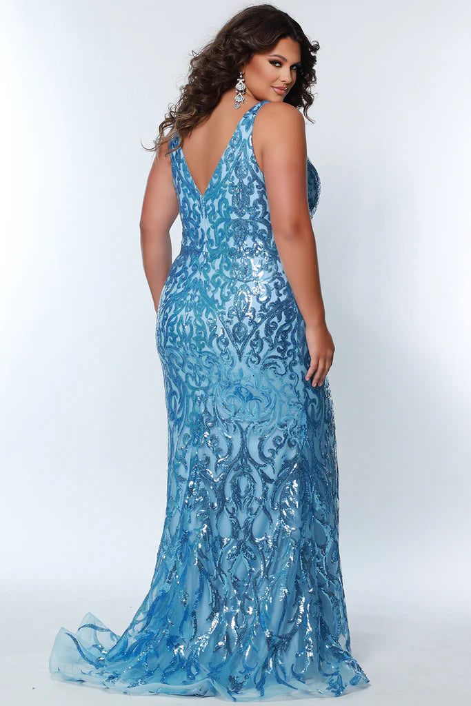 Sydney's Closet TE2303 Long Fitted Sequin Lace Plus Size Prom Dress V Neck Formal Gown  Colors: Bluejay, Gold, Magenta, Teal Size: 14-24 Fitted/Mermaid silhouette Sequin appliques over mesh V-neckline with tone-on-tone mesh insert Sleeveless Natural waistline Slim/Fitted skirt Sweep train Partially lined Stretch knit lining