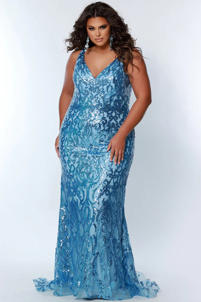 Sydney's Closet TE2303 Long Fitted Sequin Lace Plus Size Prom Dress V Neck Formal Gown  Colors: Bluejay, Gold, Magenta, Teal Size: 14-24 Fitted/Mermaid silhouette Sequin appliques over mesh V-neckline with tone-on-tone mesh insert Sleeveless Natural waistline Slim/Fitted skirt Sweep train Partially lined Stretch knit lining