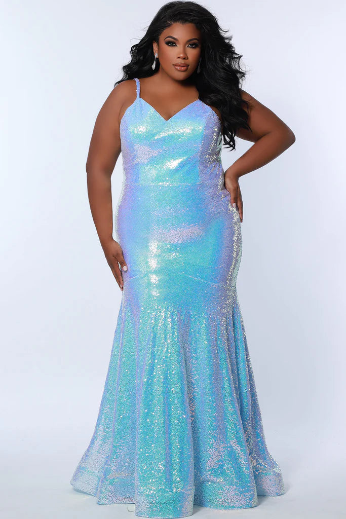 Sydney's Closet TE2310 Long Fitted Sequin Plus Size Prom Dress Formal Mermaid Gown   Colors: Arctic Frost, Polar Purple Size: 14-28 Slim, mermaid silhouette V-neckline Natural waistline V-back Straps = ½  inch