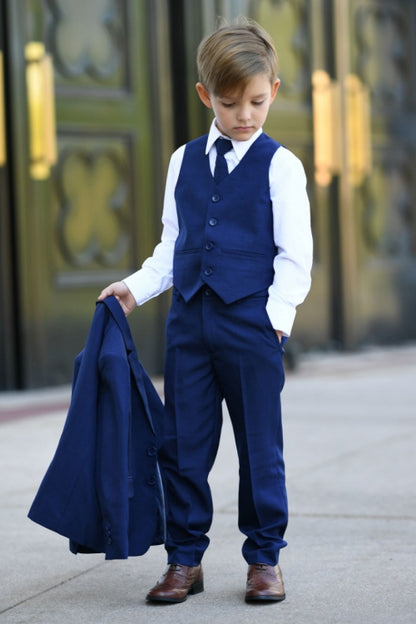 INK BLUE Boys Slim Fit Tuxedo Set Complete with Pants, Shirt, Vest, Long Tie & Jacket
