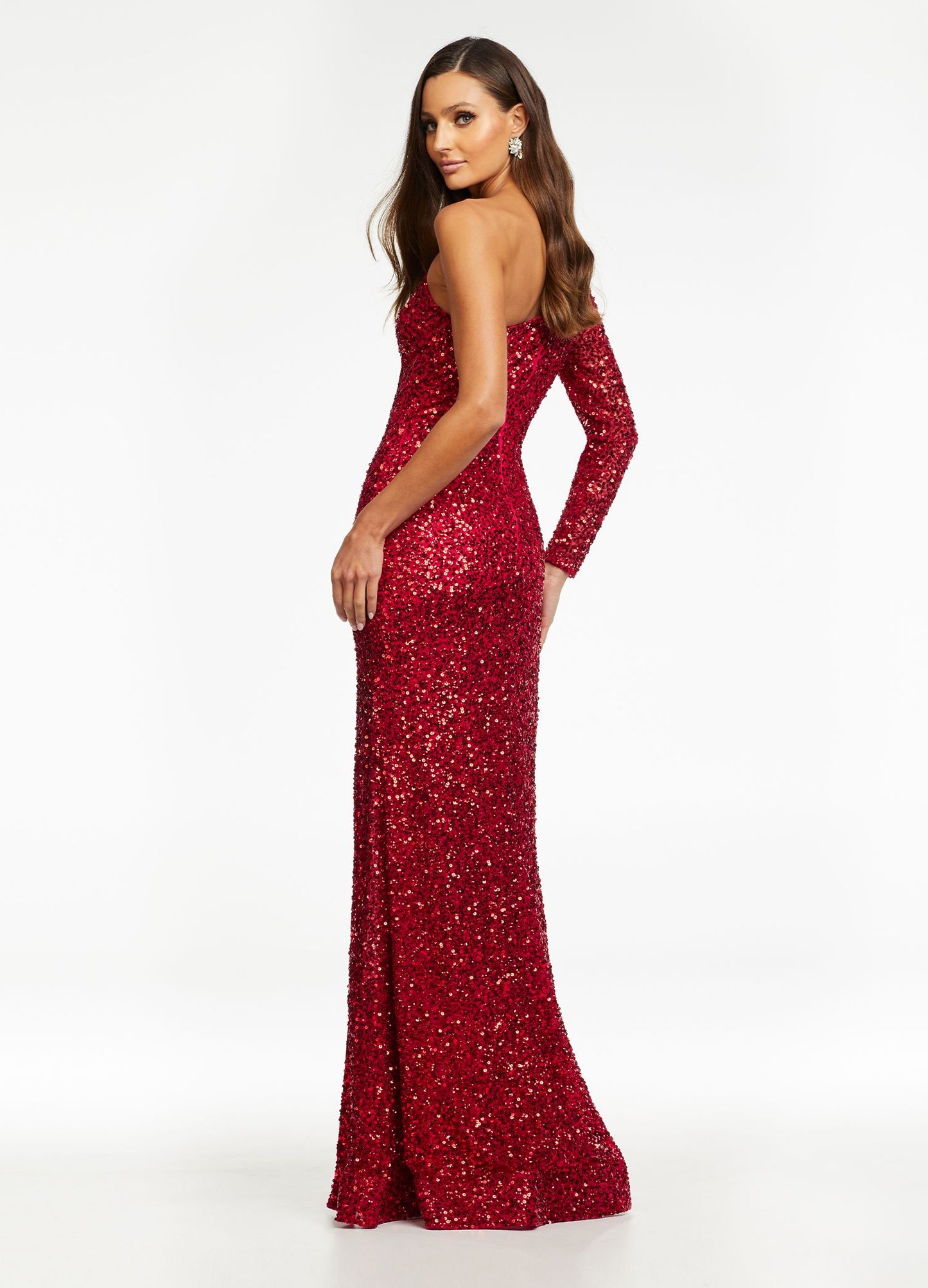 Ashley Lauren 1977 Prom Dress Pageant Gown One Sleeve Fully Beaded Long Prom Dress with High Side Slit