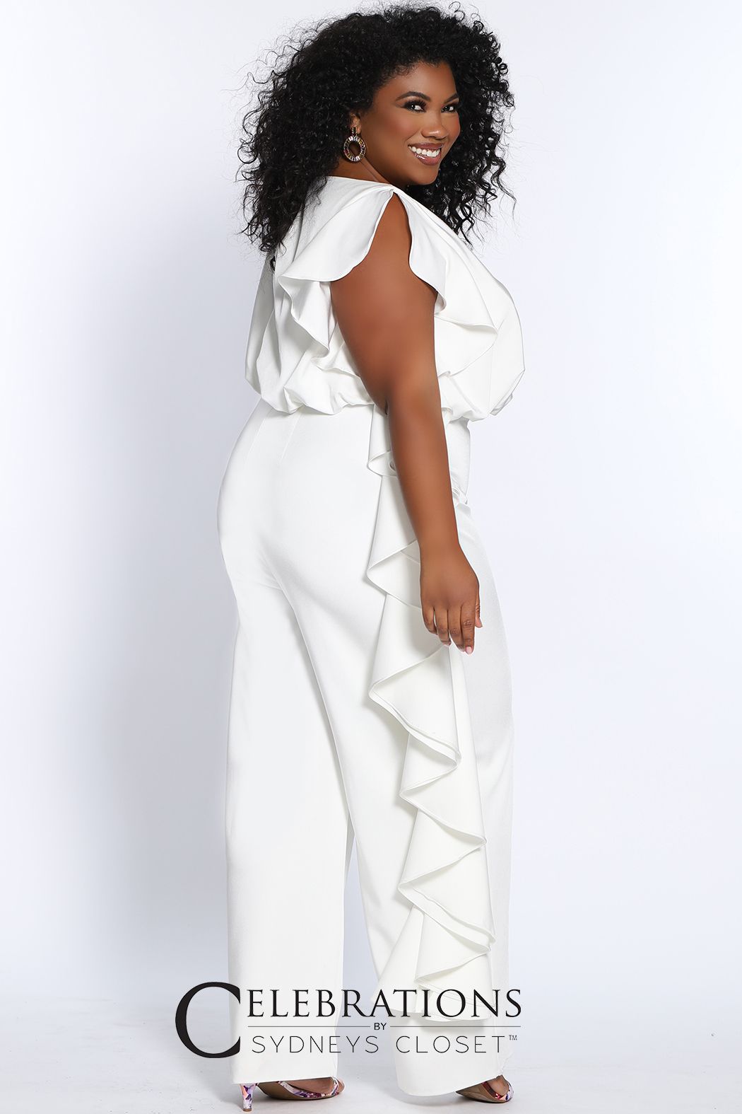 Sydney's Closet CE2014  Trendy plus size formal jumpsuit looks elegant at any special occasion whether you're a guest at a wedding, spending a night on the town or having brunch with family and friends. One-piece silhouette in rich French crepe fabric makes dressing up effortless. 