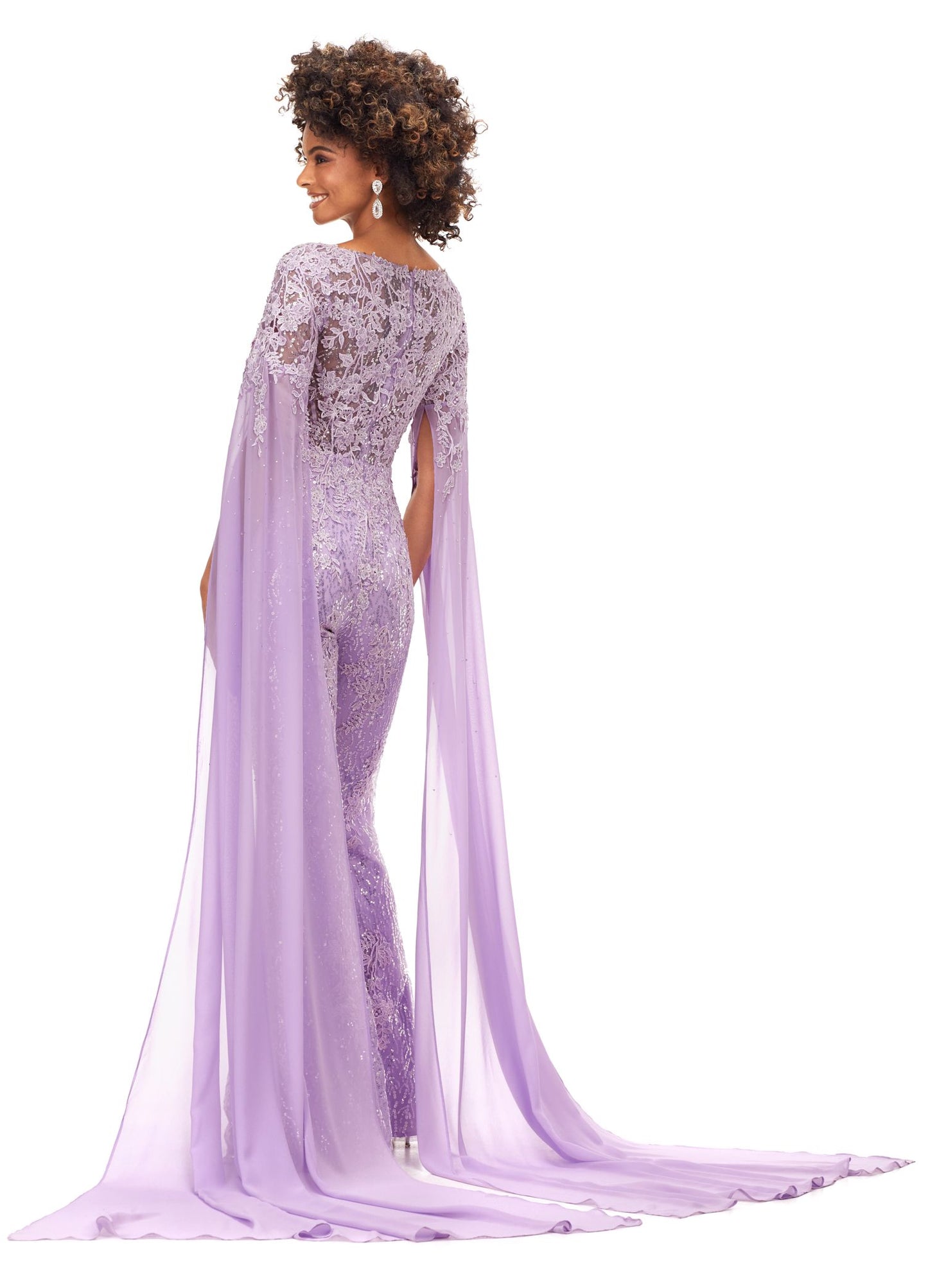 Ashley Lauren 11254 Lace Applique Pageant Jumpsuit with Chiffon Cape Sleeves