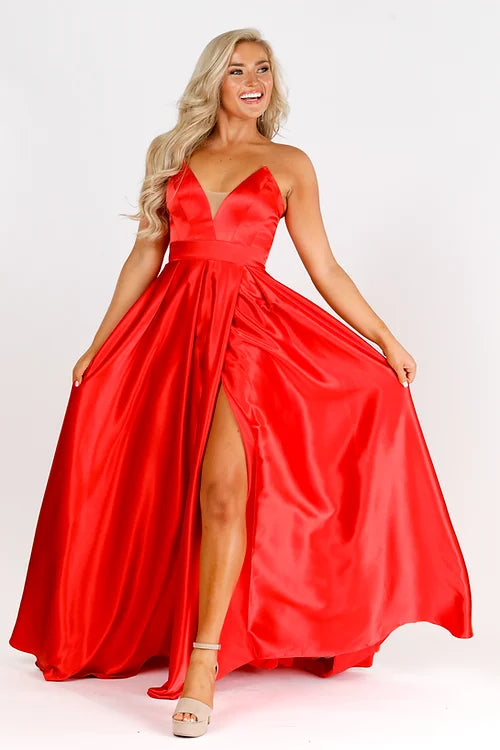Vienna Prom 7869 Strapless Prom, Pageant and Formal Evening Dress with V neckline and long A line skirt with a maxi slit