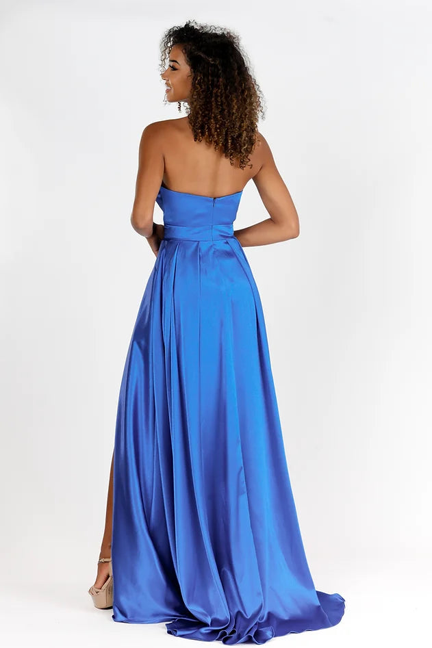 Vienna Prom 7869 Strapless Prom, Pageant and Formal Evening Dress with V neckline and long A line skirt with a maxi slit