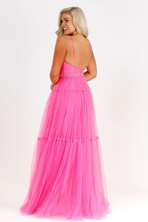 Vienna Prom 7871 Layered Tulle Skirt Prom Dress with a Satin bodice with a v neckline and embellished waistline  Prom, Pageant and Formal Evening Wear Gown