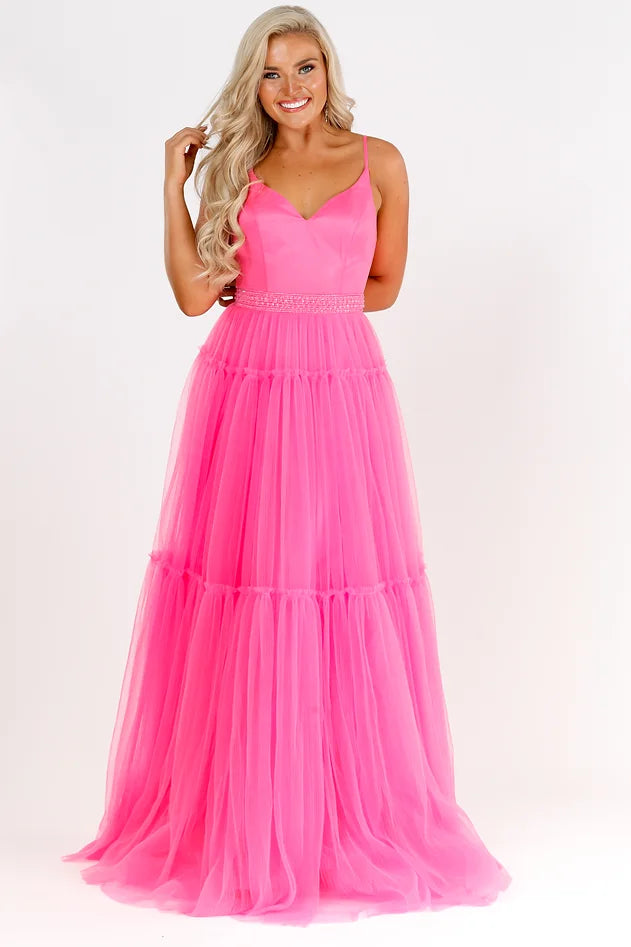 Vienna Prom 7871 Layered Tulle Skirt Prom Dress with a Satin bodice with a v neckline and embellished waistline  Prom, Pageant and Formal Evening Wear Gown
