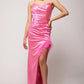 Vienna Prom 7950 Long Satin Ruched Feather Slit Backless Corset Prom Dress Formal Gown Vienna Prom 7950 Feather Trimmed Slit Prom Dress with a Ruched midriff and scoop neckline  Sizes: 00-16  Colors: Fuchsia, Lilac, Royal