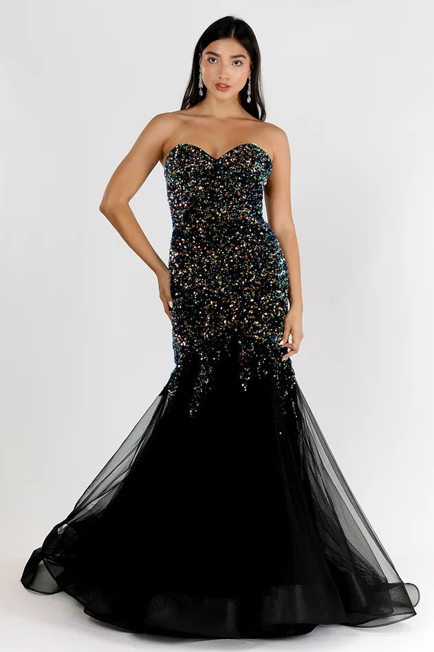 Vienna Prom 82030 Strapless Mermaid Prom Dress with Tulle skirt and Sweetheart Neckline Vienna Prom 82030 Size 10, 16 Multi Strapless Mermaid Prom Dress Sequin Tulle Gown  Size: 10, 16  Colors: Dark Multi