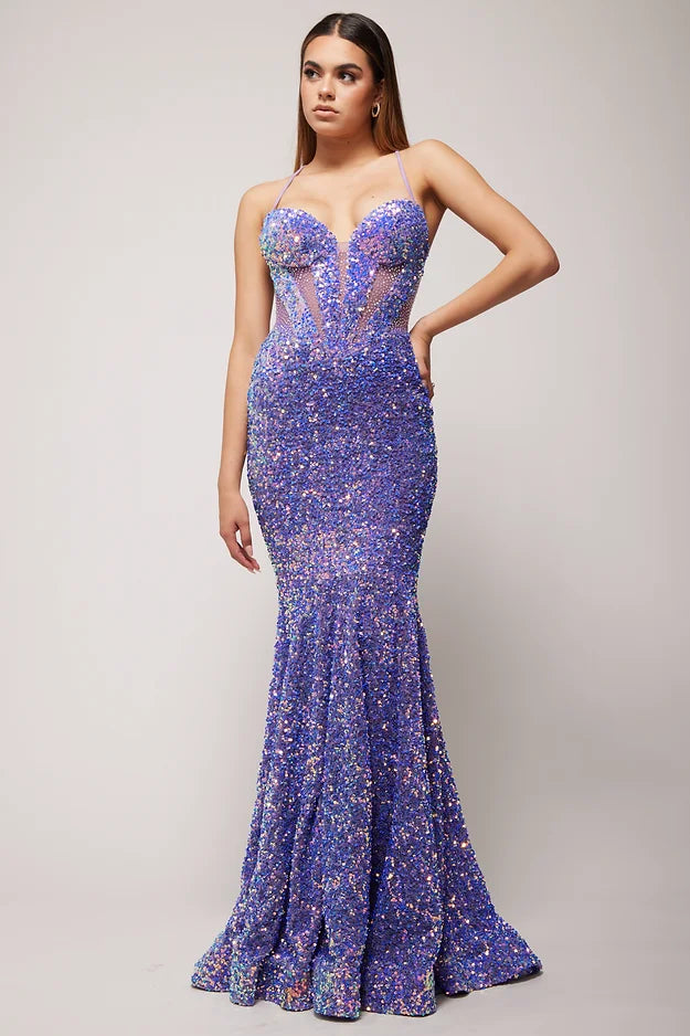 Vienna Prom 82038 Velvet Sequins Prom Dress with Sheer Corset Panels in the Front and backless with corset, fit and flare evening gown. lilac