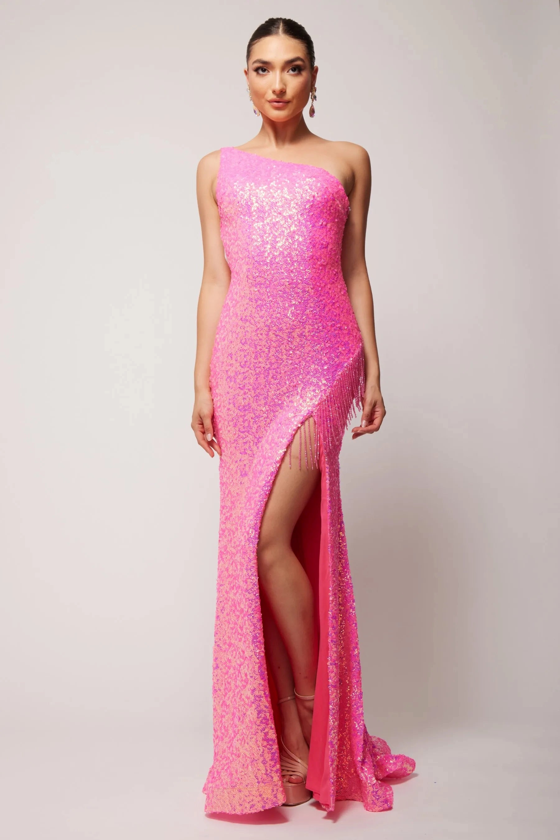 Vienna Prom Dress 8857 Fuchsia One Shoulder Evening Gown with Fringe Slit that Runs up the Side of the Dress to the Hip and Spaghetti Straps Down the Back