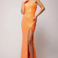 Vienna Prom Dress 8857 One Shoulder Evening Gown with Fringe Slit that Runs up the Side of the Dress to the Hip and Spaghetti Straps Down the Back