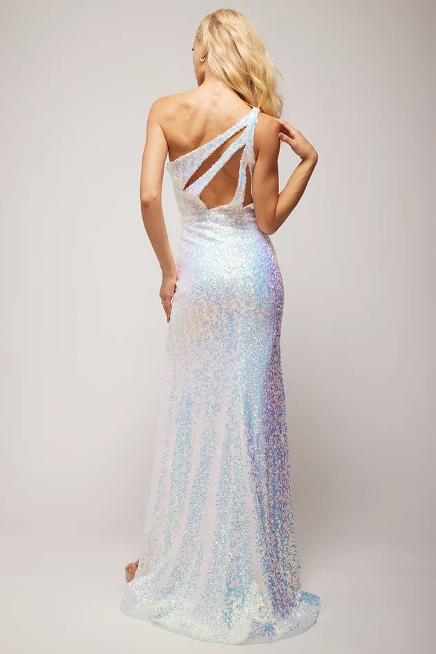 Vienna Prom Dress 8858 Slim Back Cutouts on this One Shoulder Evening Gown with Fringe from the Top of the Slit up to the Hip