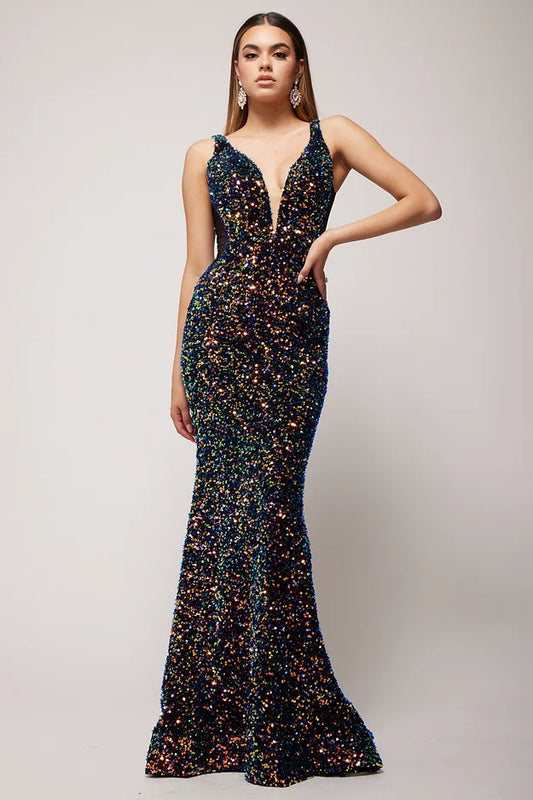 Elevate your style with the Vienna Prom 8836 dress. This stunning long prom dress features a plunging neckline and sequin-embellished velvet fabric for a luxurious look. The corset back ensures a perfect fit while the fringe detail adds a touch of glam. An ideal choice for formal events or pageants.