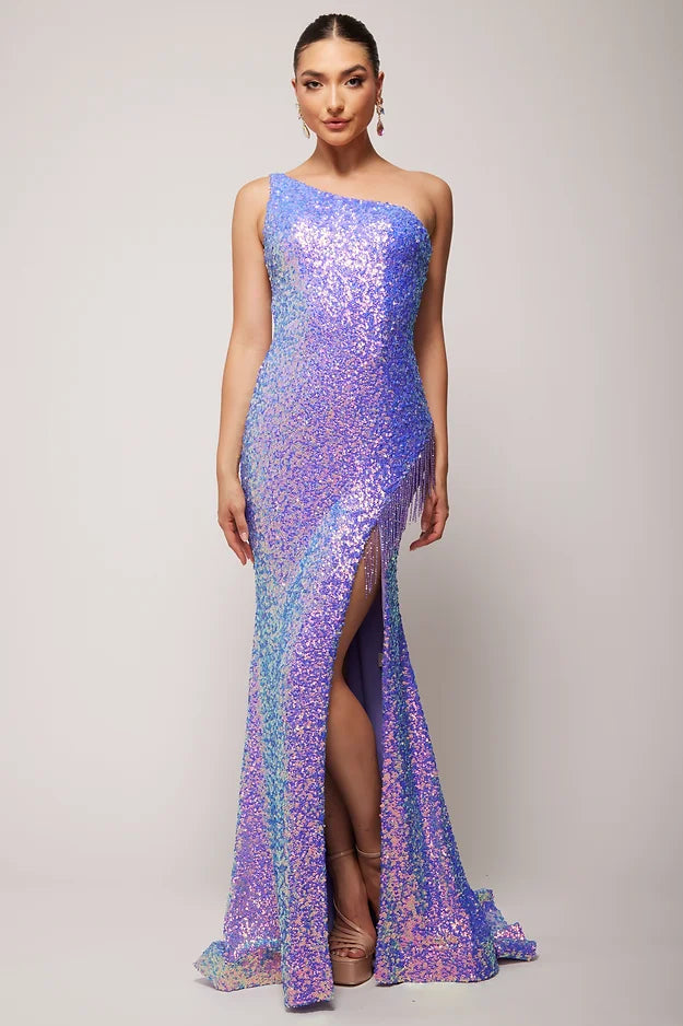Vienna Prom Dress 8858 Slim Back Cutouts on this One Shoulder Evening Gown with Fringe from the Top of the Slit up to the Hip Lilac