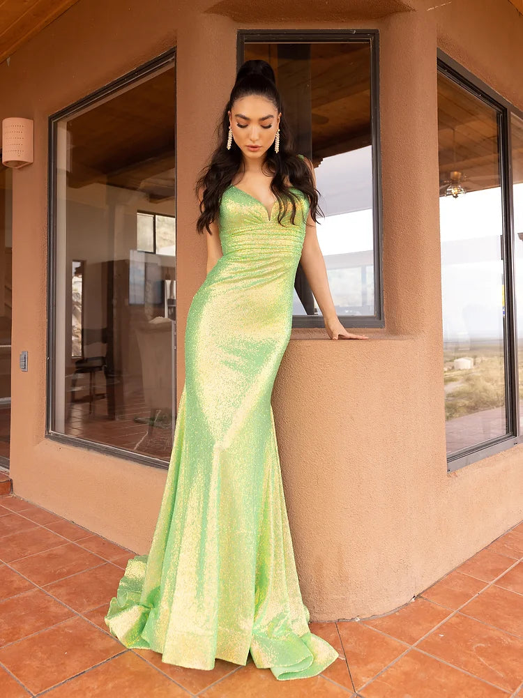 Vienna Prom Dress 8850 Long fitted Sequin Backless Corset Prom Dress Formal Gown Pageant Vienna Prom Dress 8850 Corset Back Prom Dress with V Neckline and Ruched High Waistline  Colors: Green, Orange, Purple  Sizes: 00-16