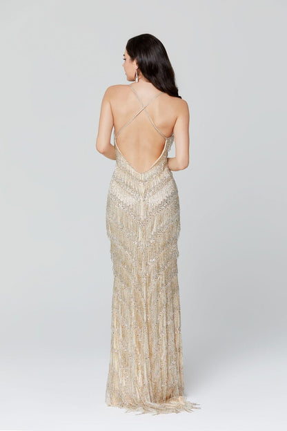 Primavera Couture 3213 v neckline with full fringe details long prom dress, pageant or evening gown formal pageant wear with open back. 