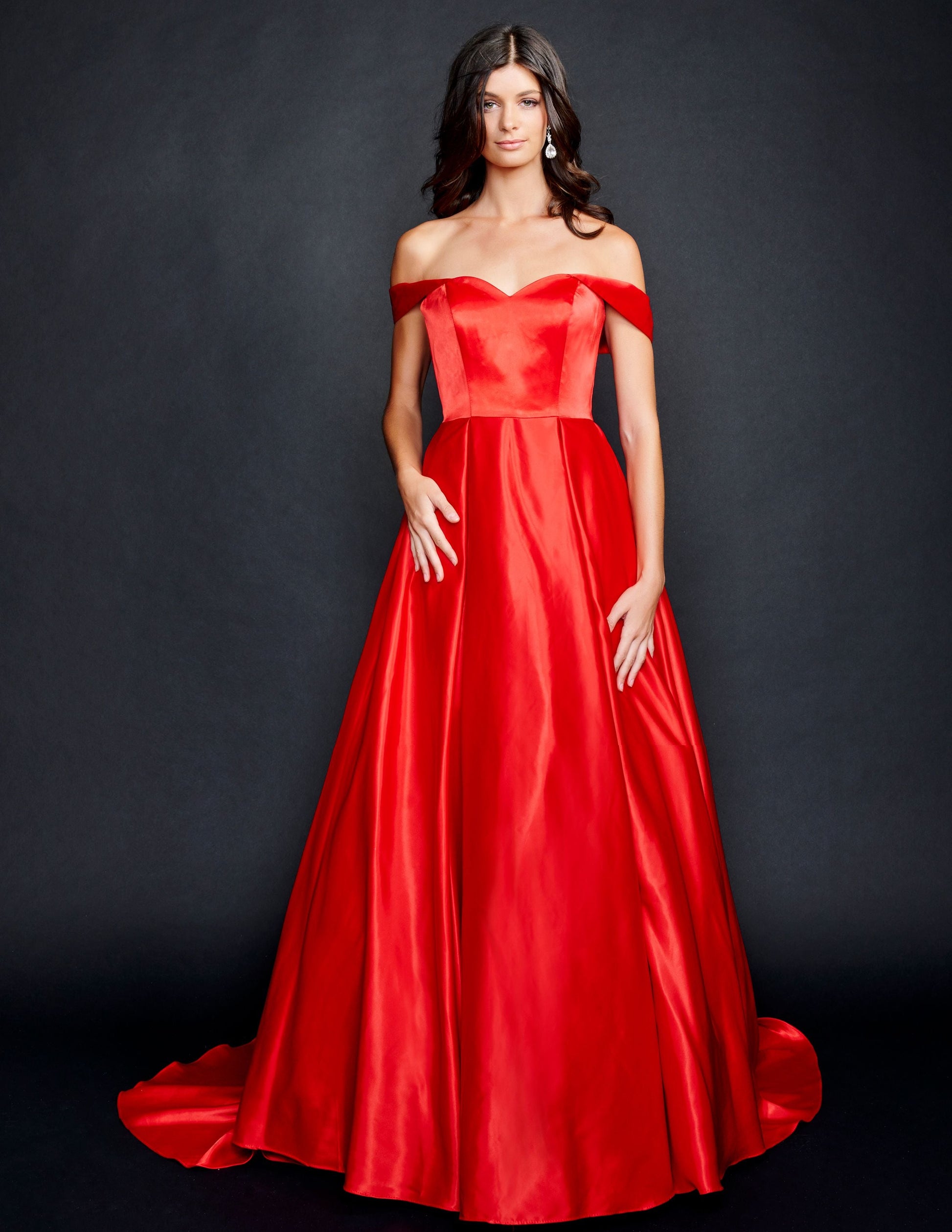 Nina Canacci 5214 Long Satin off the shoulder Ballgown Prom Dress Pageant Gown Pockets  Available Size- 4-24  Available Color-Red, Emerald 