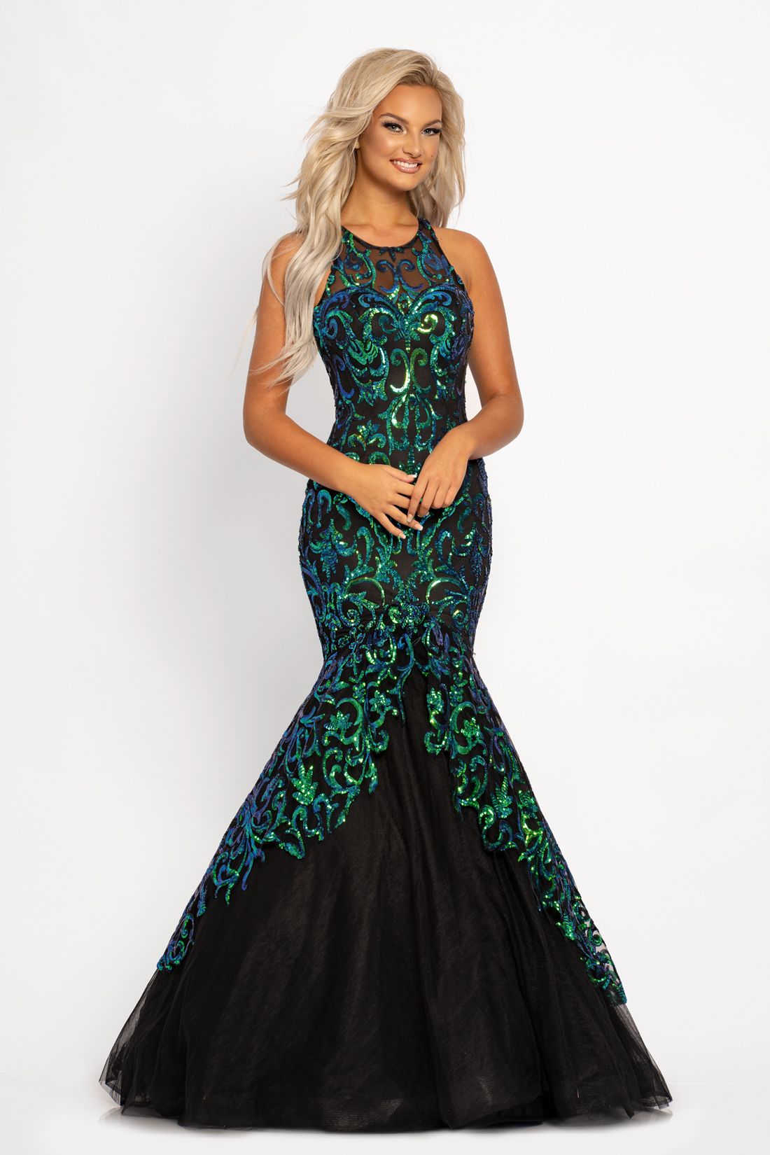 Johnathan Kayne 2215 High sheer neckline fitted mermaid prom dress sequin embellished. This pageant gown has a cutout back. The embellished sequin mesh long skirt has a full sweeping train. Makes a beautiful wedding gown in Ivory.   Colors  Ivory, Magenta, Mermaid/Black  Sizes  00, 0, 2, 4, 6, 8, 10, 12, 14, 16, 18, 20