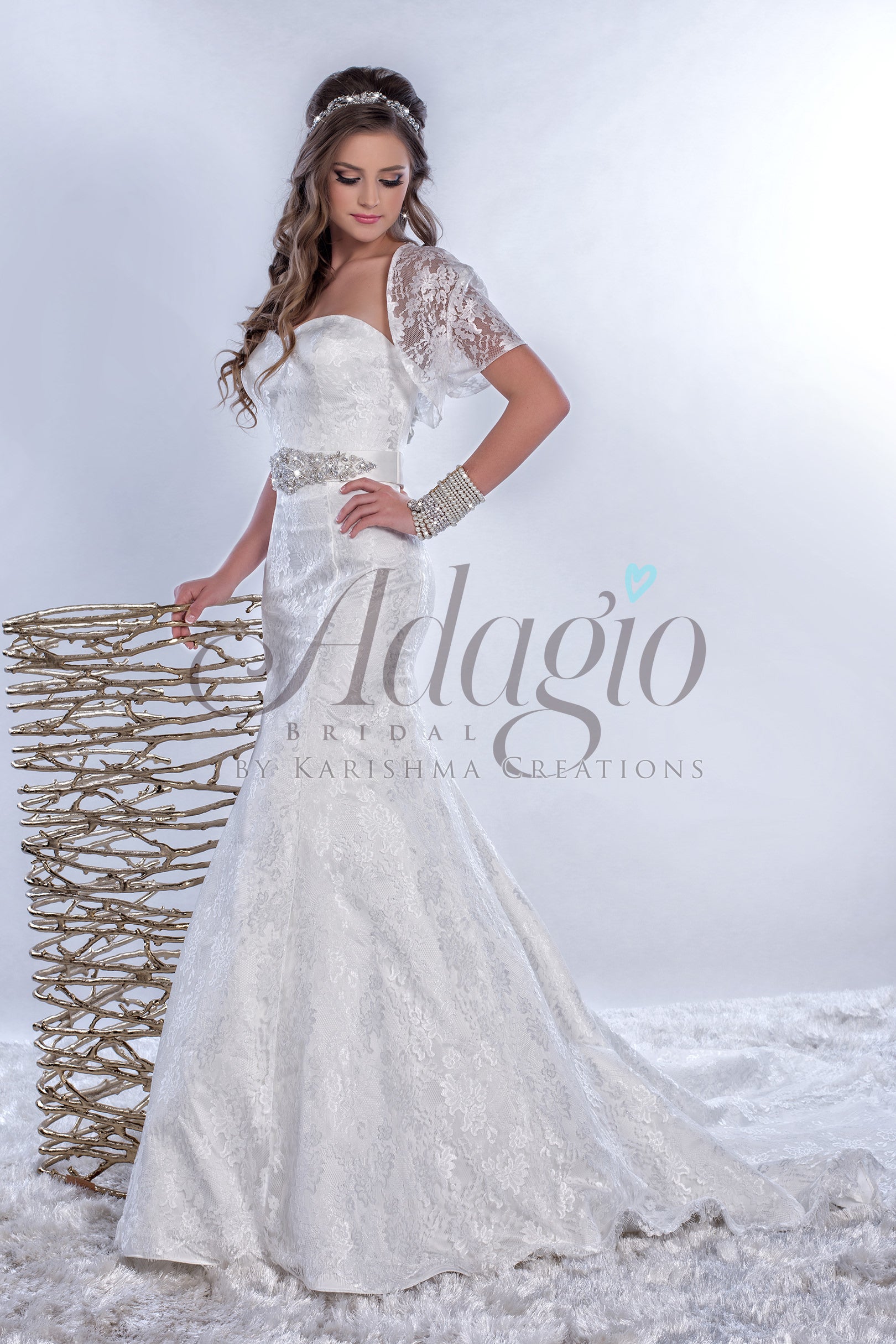Adagio Bridal W9149 strapless sweetheart neckline long fit and flare lace wedding dress bridal gown with bolero jacket and crystal belt attached to waist with a train category wedding dresses bridal gowns destination bridal gowns white 