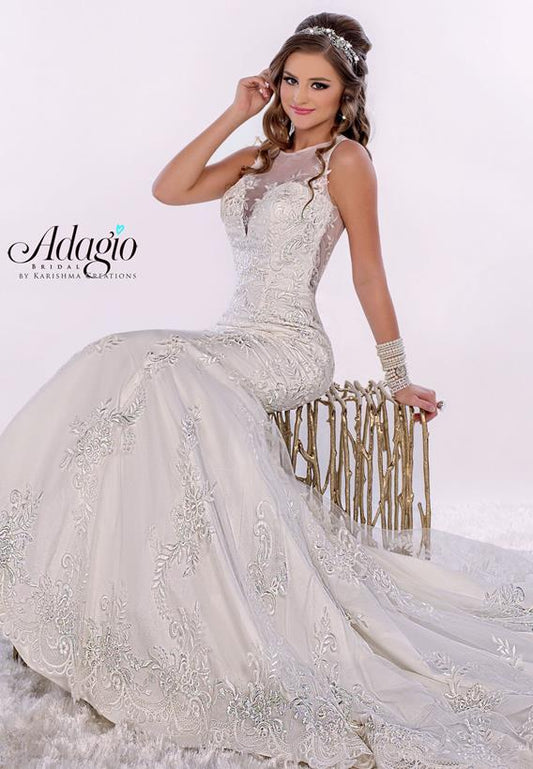 Adagio Bridal W 9274 is a gorgeous Floral Lace Embellished Fit & Flare Mermaid Silhouette wedding dress featuring a sheer plunging Illusion high neckline with a sheer embellished back. stunning train.   Size 4  Color White