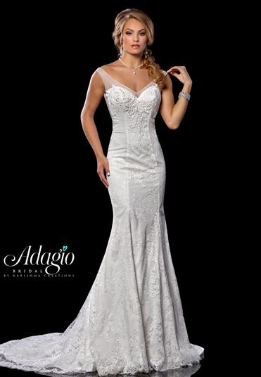 Adagio Bridal W 9302 Sheer straps over a sweetheart neckline that are semi off the shoulder and flow down and line the back of the dress. This Bridal Gown Features a Fitted Floral Lace Pattern with a lush trumpet skirt & train with a scallop edge lace hem.   Size 10  Color Ivory