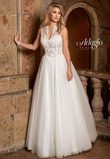 Adagio Bridal W 9312 This romantic lace and tulle wedding dress features a sweetheart bodice with sheer applique adorned V cutout neckline that flows to the sheer back.  This dress has a lace adorned tulle full ball gown skirt with a train.    White  Size 12, 18