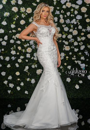 Adagio Bridal W9341 off the shoulder lace mermaid wedding gown bridal dress with sheer lace scoop neckline and sheer back with lace and bridal buttons down the back.