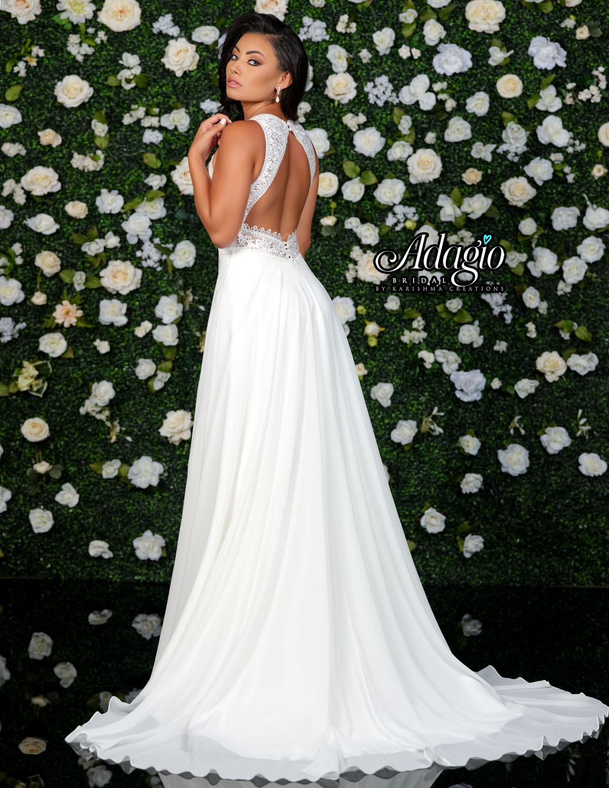 Adagio Bridal W9342 v neckline applique lace bodice chiffon A line wedding dress bridal gown. Plunging V Neckline with sheer illusion lace wrapping around to create a keyhole cutout open back. very lush chiffon skirt with sweeping train.  Available colors:  White  Available sizes:  8