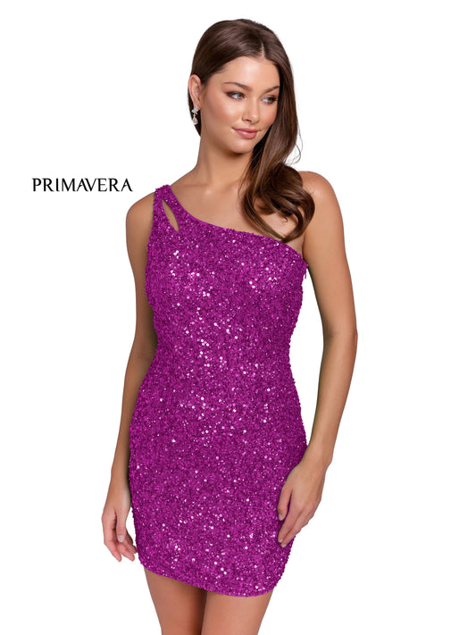 Primavera Couture 3573 This is a Super Amazing Cocktail Dress.  This Fresh Style has a one shoulder double strap that wraps across the open back.  It is fitted and sequined in all of the hottest colors.  Great for cocktail hour, party, homecoming dress.  Available colors:  Fuchsia  Available sizes:  4