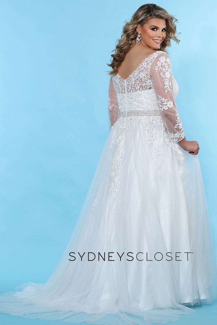 Sydney's Closet SC 5234 Cheryl Lynn Be a beautiful plus size bride in a floral lace embroidered informal wedding dress in simple, modern A-line design. Magnificent hand beaded belt accentuates your curves. Deep V-neck adds a modern design element. Lace appliques with clear sequins create just a hint of sparkle in the bodice, sleeves and tulle skirt. Designer Sydney's Closet Style SC5234 for full figure brides sizes 14 to 40.