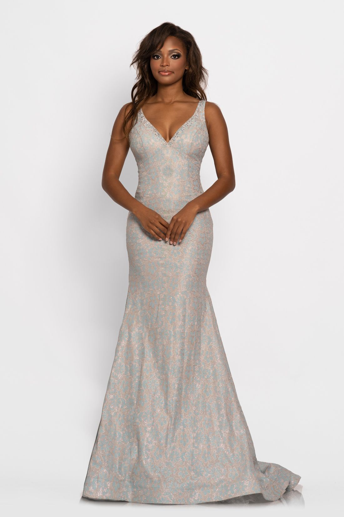 Johnathan Kayne 2259 This is a v neckline glitter lace mermaid prom dress with a v back and sweeping train.  This evening gown has a floral lace pattern.  Colors  Navy, Sky Blue  Sizes  00, 0, 2, 4, 6, 8, 10, 12, 14, 16